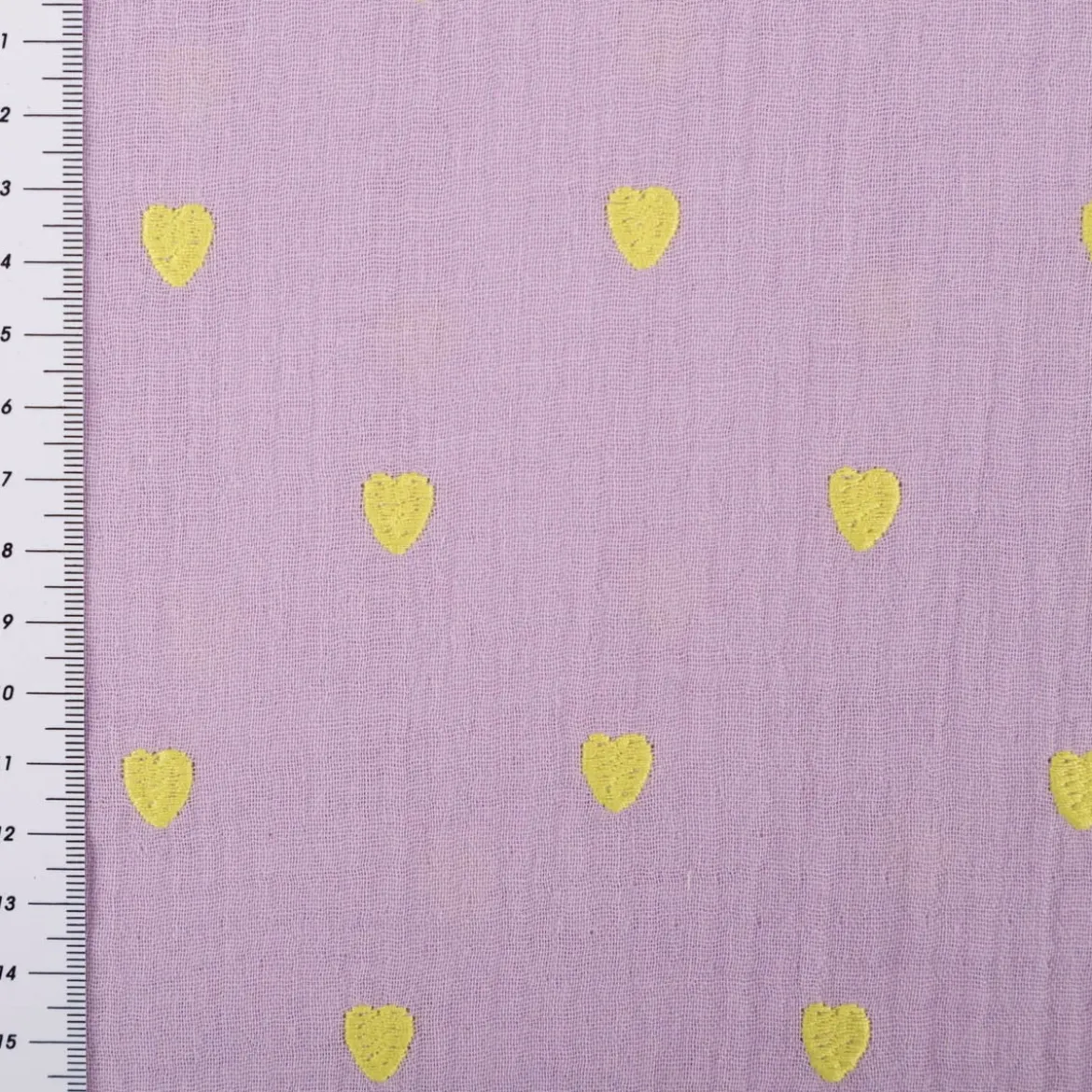 Musselin Stoff Double Gauze Herzchen Stickerei violett gelb 1,35m Breite