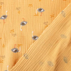 Musselin Stoff Double Gauze Otruch Vogel Strauß ocker gelb grau 1,30m Breite