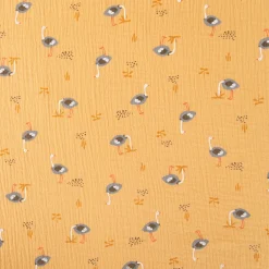 Musselin Stoff Double Gauze Otruch Vogel Strauß ocker gelb grau 1,30m Breite