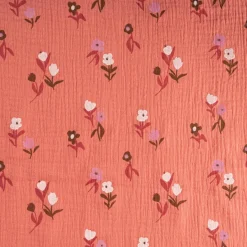 Musselin Stoff Double Gauze Pixflo Blumen koralle rot weiß 1,30m Breite