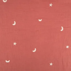Musselin Stoff Double Gauze STARS Stickerei Sterne Mond rot 1,35m Breite