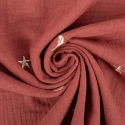 Musselin Stoff Double Gauze STARS Stickerei Sterne Mond rot 1,35m Breite