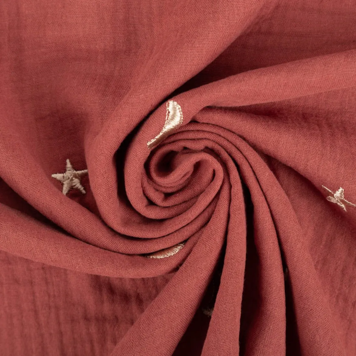 Musselin Stoff Double Gauze STARS Stickerei Sterne Mond rot 1,35m Breite