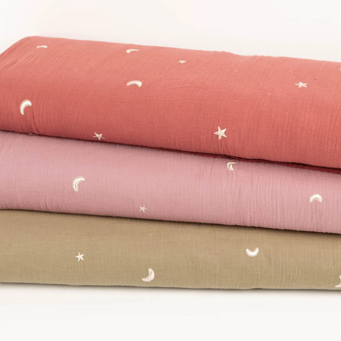 Musselin Stoff Double Gauze STARS Stickerei Sterne Mond alt-lila 1,35m Breite
