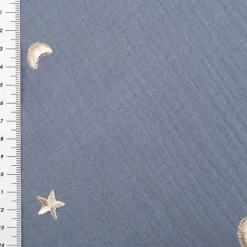 Musselin Stoff Double Gauze STARS Stickerei Sterne Mond jeansblau 1,35m Breite