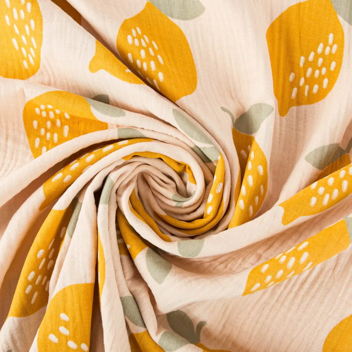 Musselin Stoff LEMONS Zitronen groß beige gelb 1,35m Breite