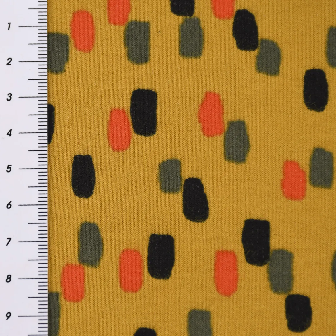 Organic Bio Sweatstoff Soft Sweat Tupfen Pinselstriche ocker grau schwarz orange 1,5m Breite