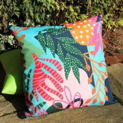Outdoor Kissen Coralina tropische Blumen aqua pink 43x43cm