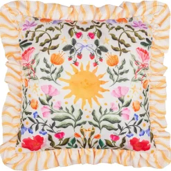 Outdoor Kissenhülle Sommersonnenwende Sonne Blumen Rüschen creme bunt 50x50cm