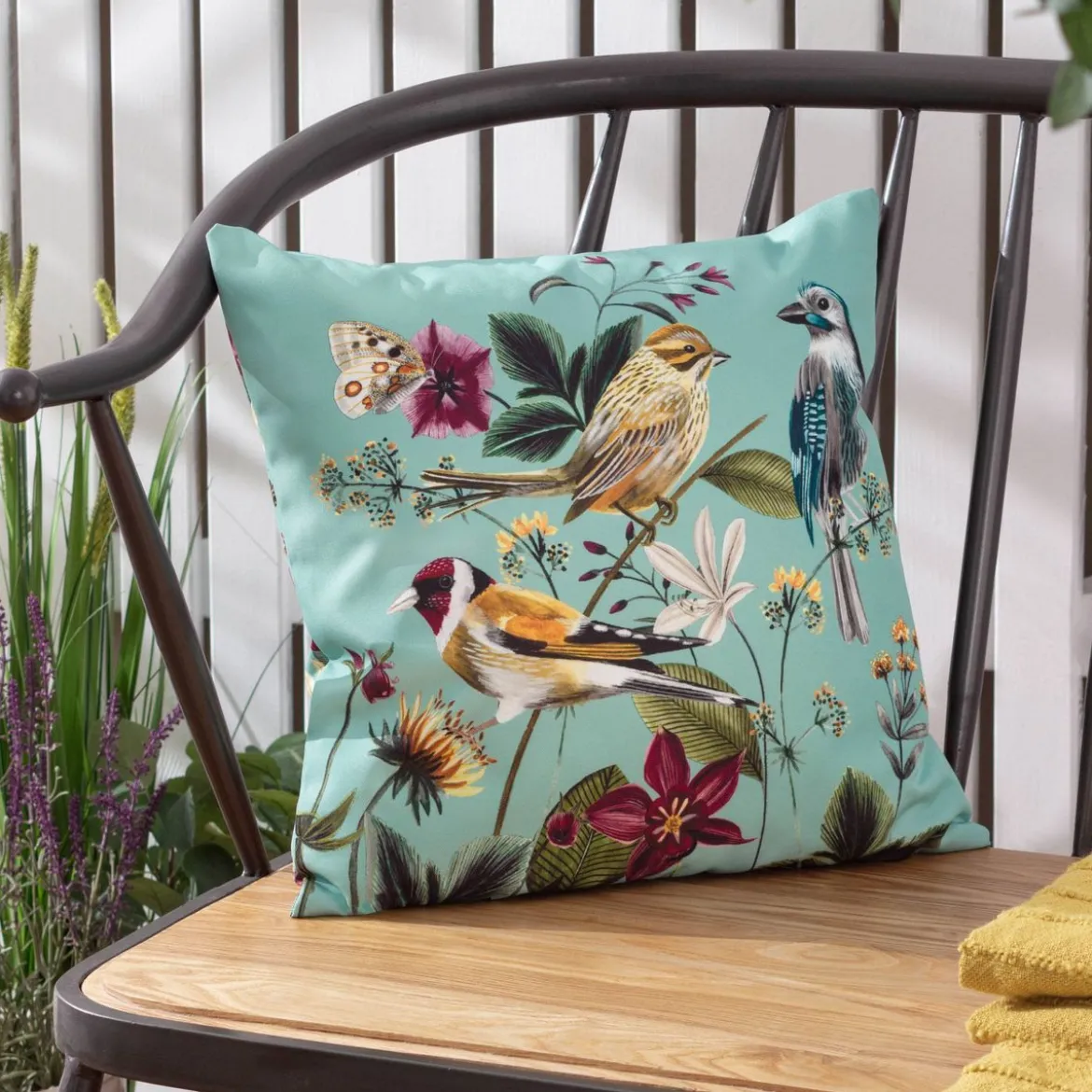 Outdoor Kissen Midnight Garden Birds Vögel aqua blau 43x43cm