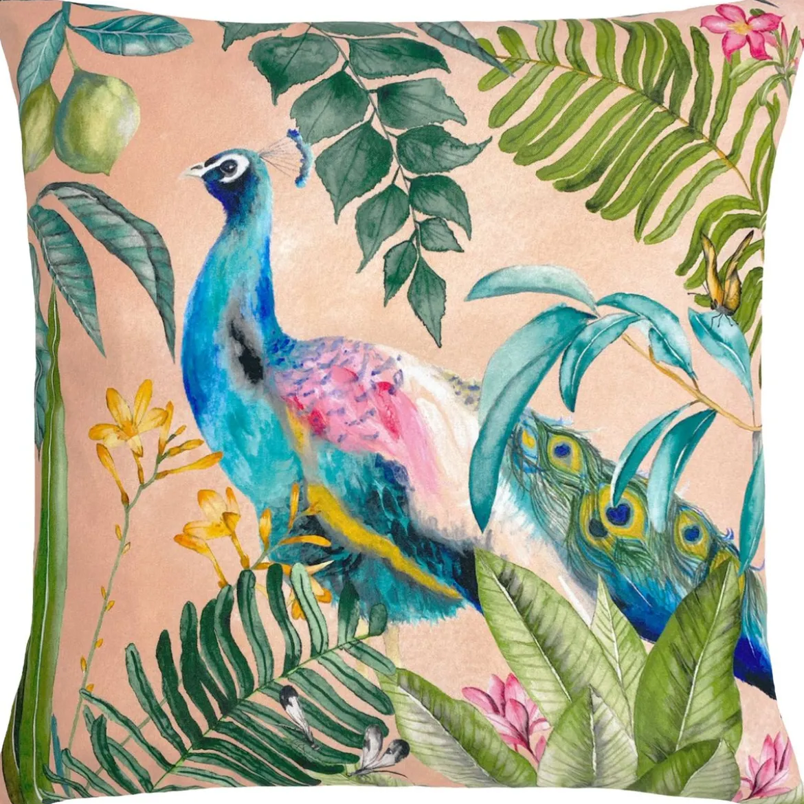 Outdoor Kissen Peacock Pfau Dschungel blush rosa 43x43cm