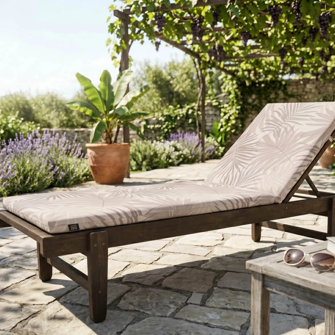 Outdoor Liegenauflage Blätter ecru natur wasserabweisend 60x190x4cm