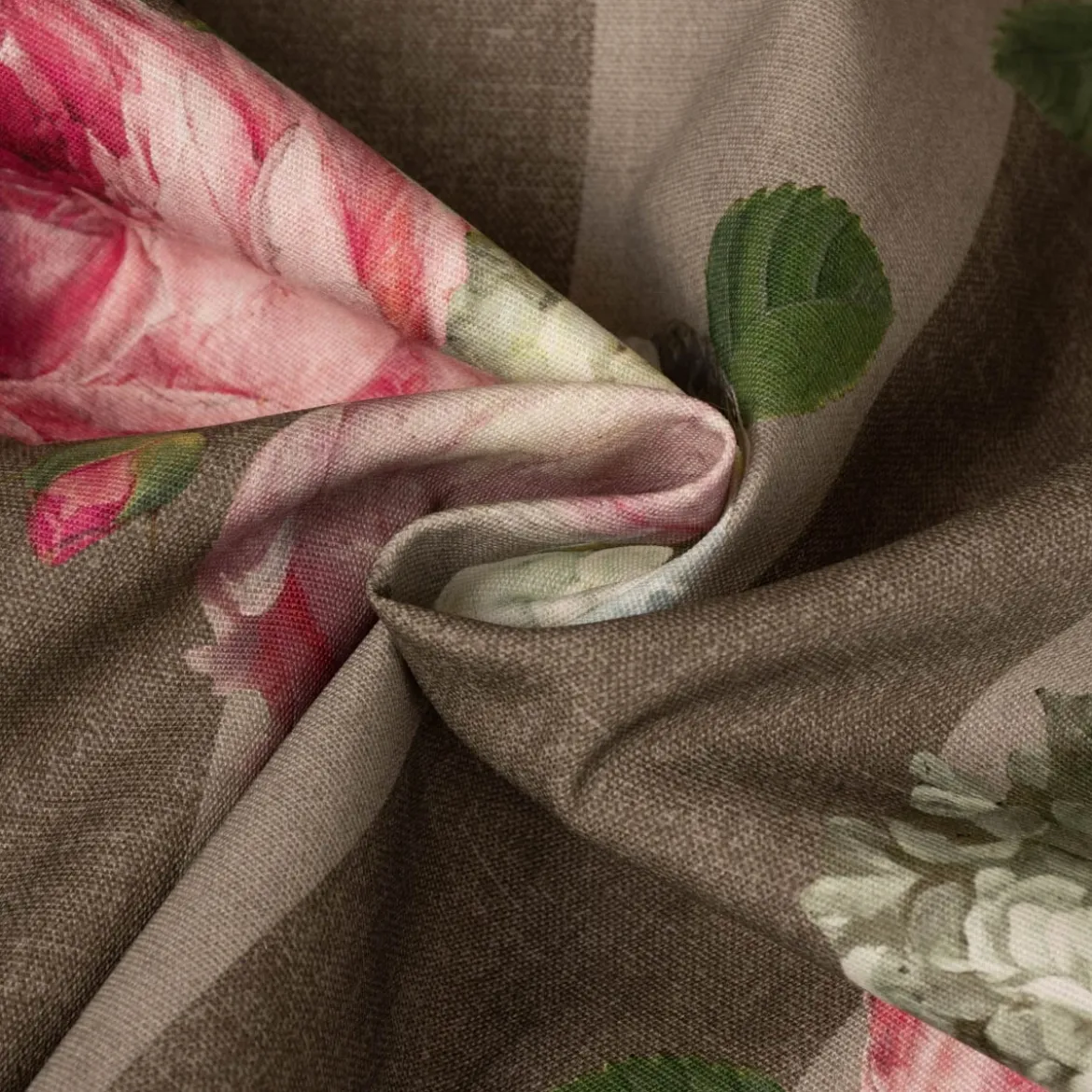 Outdoorstoff Dralon Teflonbeschichtung Streifen Hortensien Blätter hellgrau khaki grün pink weiß 1,40m Breite