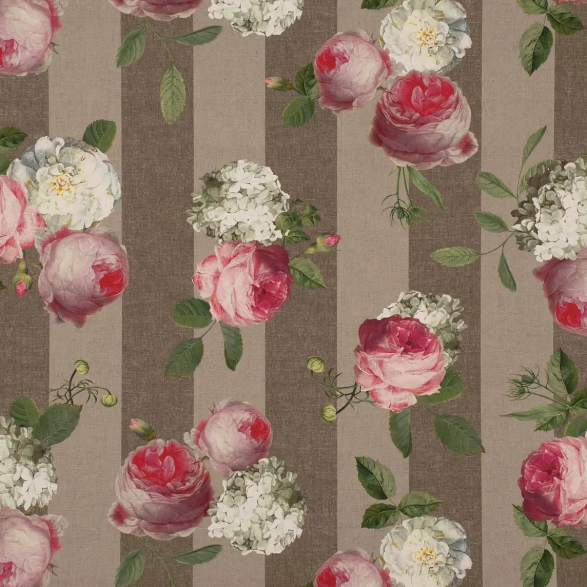 Outdoorstoff Dralon Teflonbeschichtung Streifen Hortensien Blätter hellgrau khaki grün pink weiß 1,40m Breite