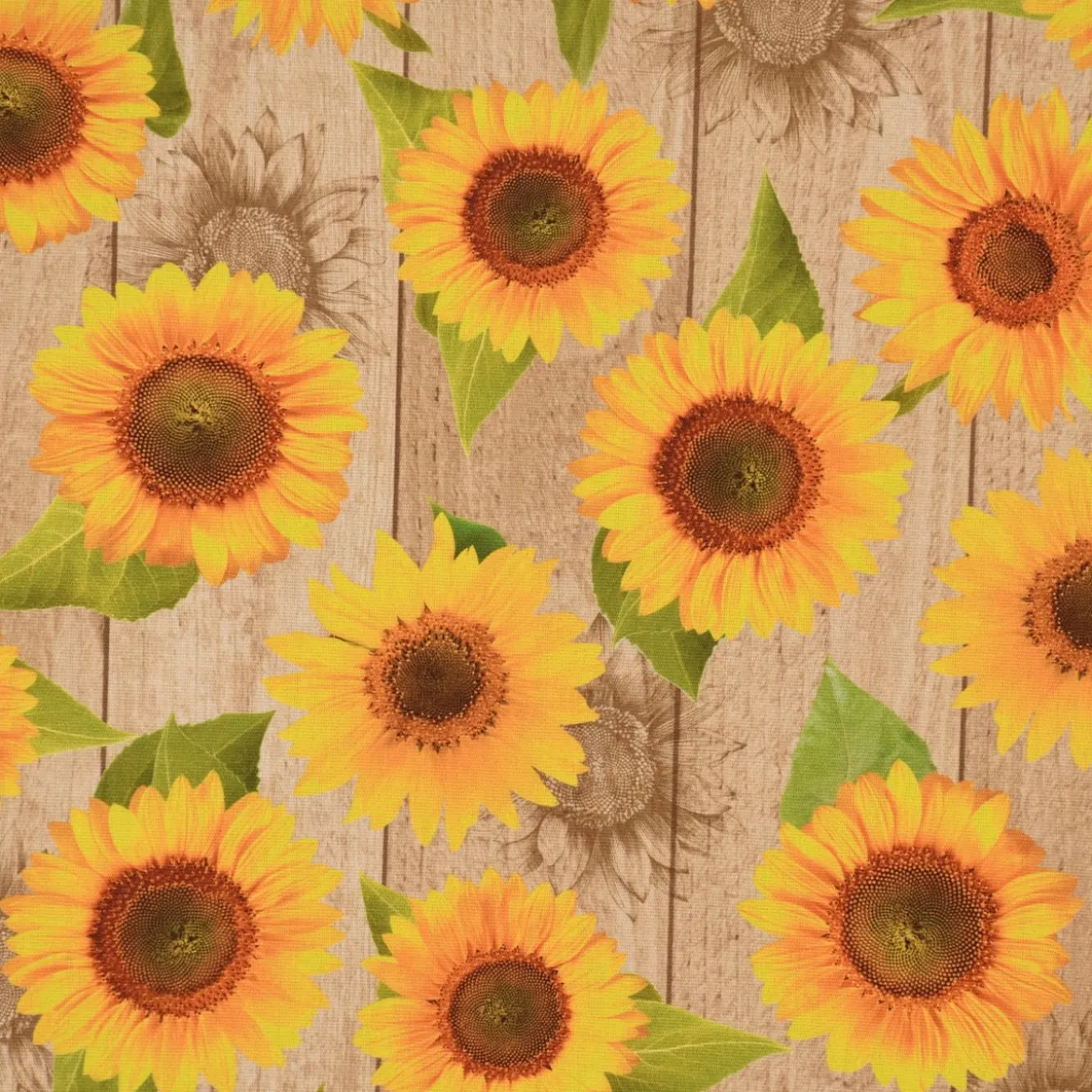 Outdoorstoff Dralon Teflonbeschichtung Sunflower Rustic Sonnenbumen Holzlatten beige gelb 1,40m Breite