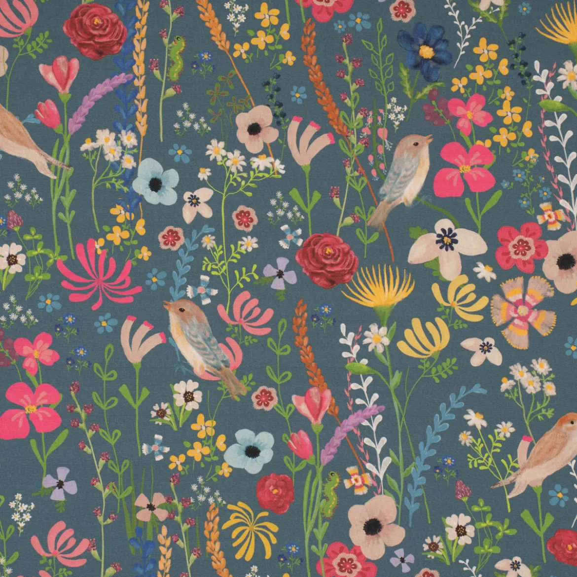 Outdoorstoff Dralon Teflonbeschichtung Floral Happy Garden Blumen Vögel blau bunt 1,40m Breite