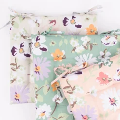 Outdoor Stuhlkissen mit Bindebändern Blüten Blumen beige hellgrün weiß 40x40x3cm