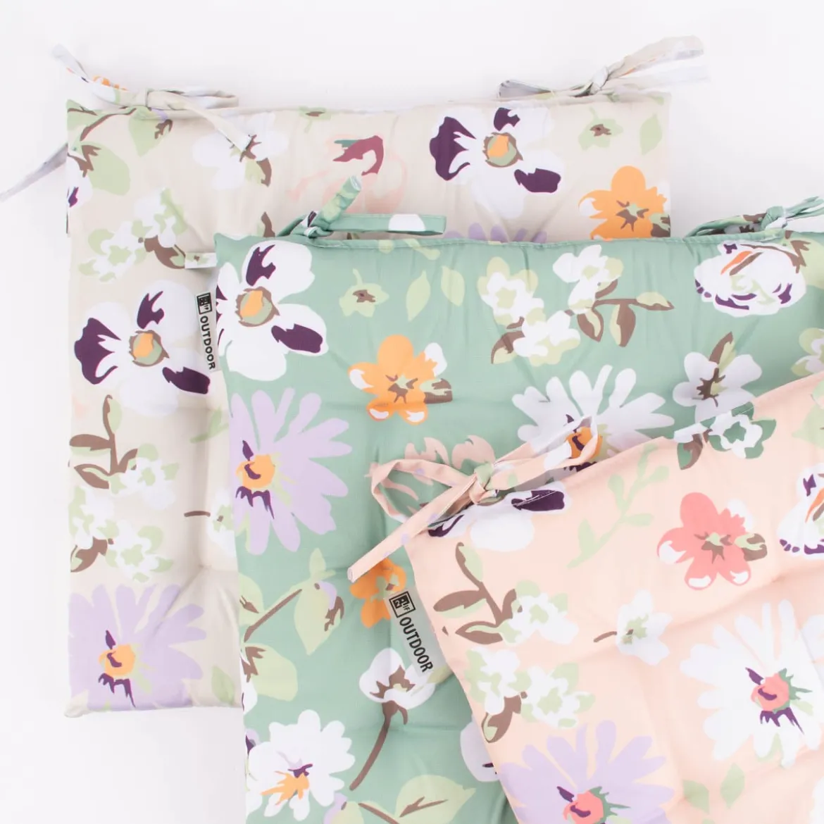 Outdoor Stuhlkissen mit Bindebändern Blüten Blumen beige hellgrün weiß 40x40x3cm