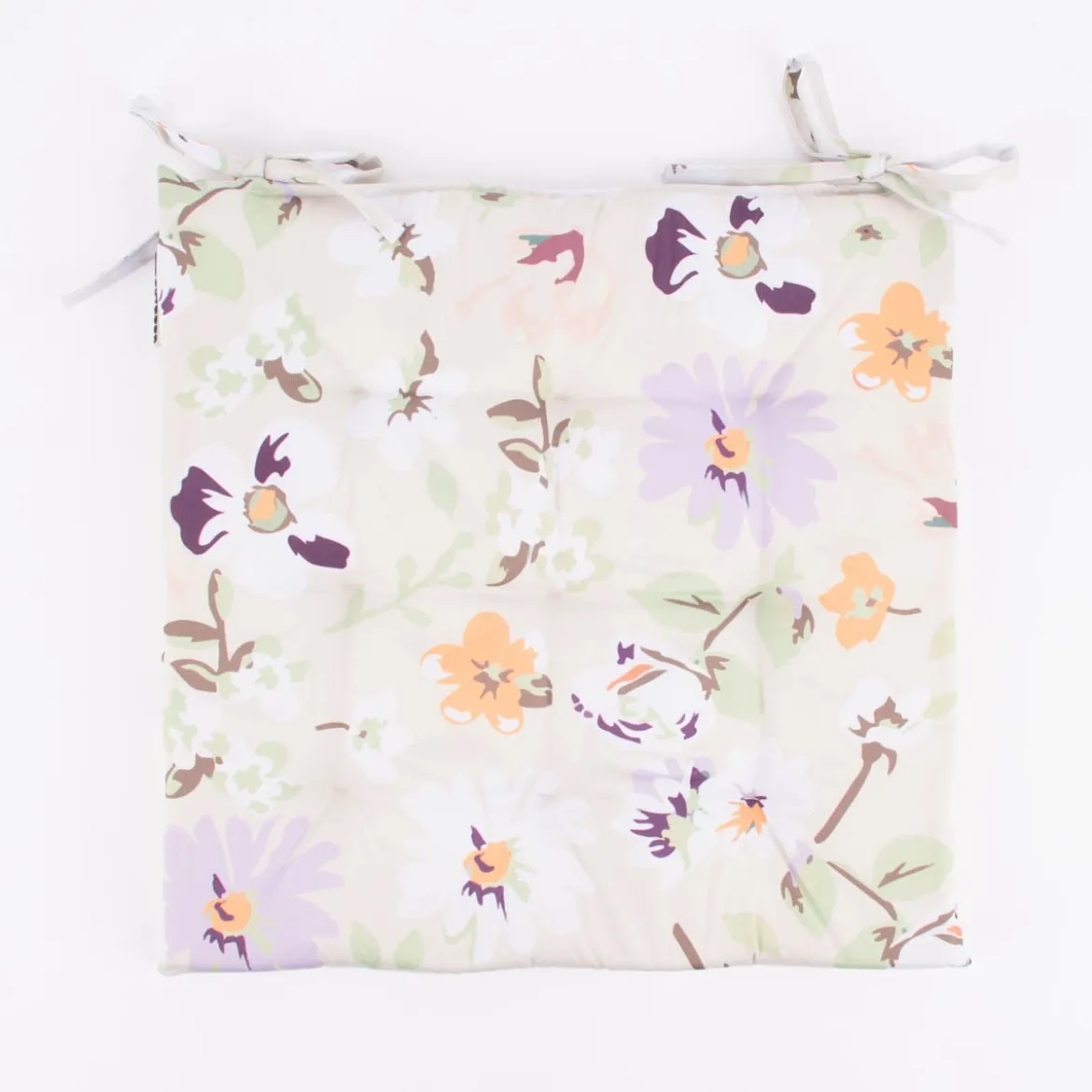Outdoor Stuhlkissen mit Bindebändern Blüten Blumen beige hellgrün weiß 40x40x3cm