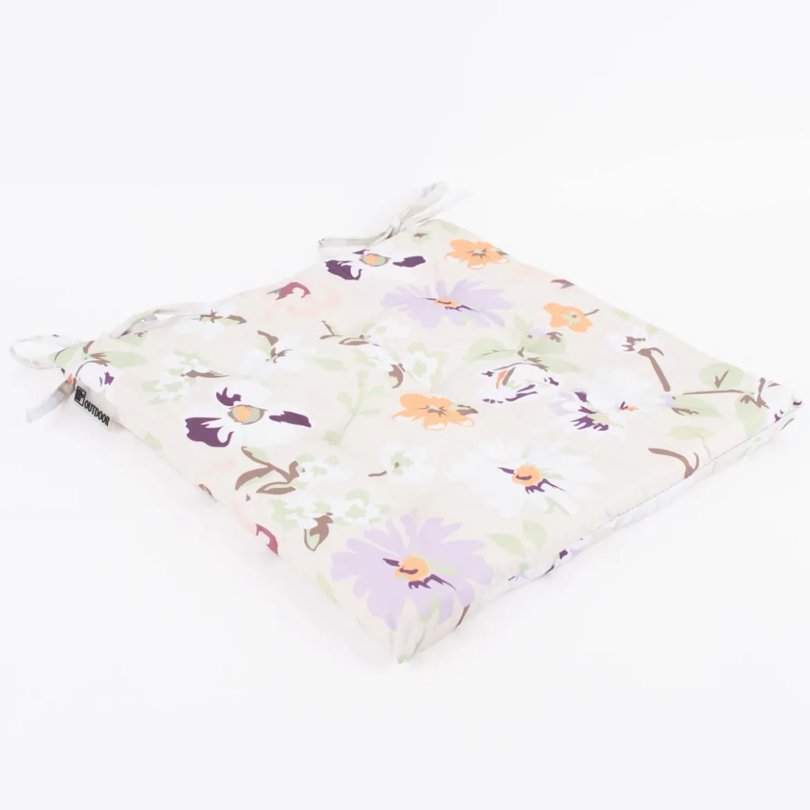 Outdoor Stuhlkissen mit Bindebändern Blüten Blumen beige hellgrün weiß 40x40x3cm