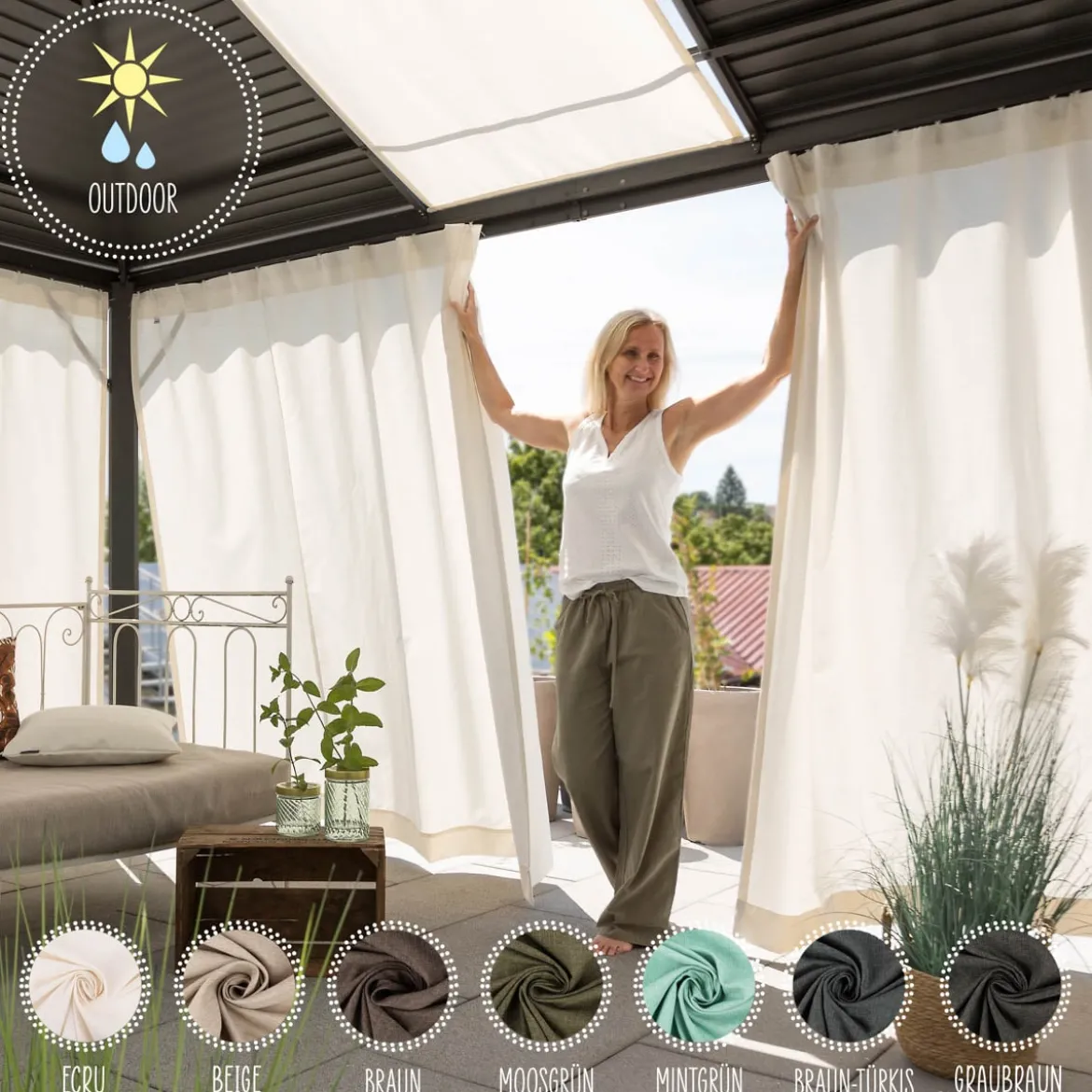 Outdoor Vorhang Olefina mit Smok-Schlaufenband beige in 245cm oder Wunschlänge von SCHÖNER LEBEN.