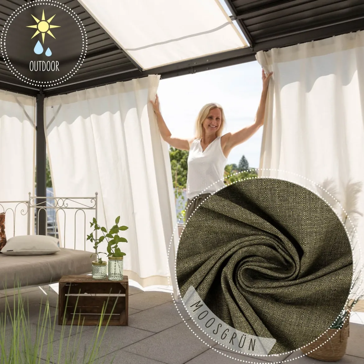 Outdoor Vorhang Olefina mit Smok-Schlaufenband dunkelgrün in 245cm oder Wunschlänge von SCHÖNER LEBEN.