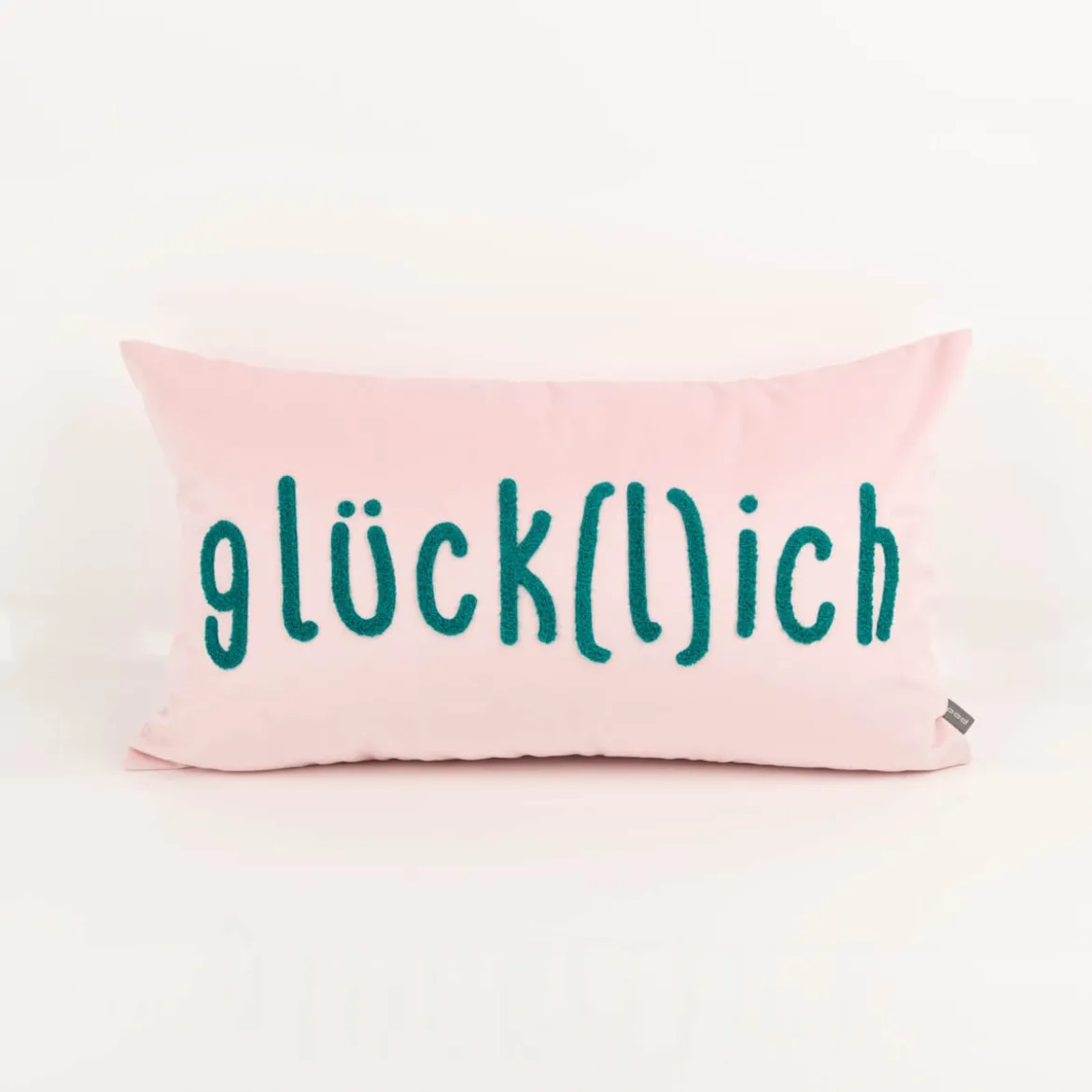 PAD Kissenhülle Letters glück(l)ich Samt Frotteestickerei rosa türkis 35x60cm