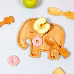 [Paket] Sass & Belle Bambus Kinder Geschirrset Elefant mit Teller und 3 Löffeln