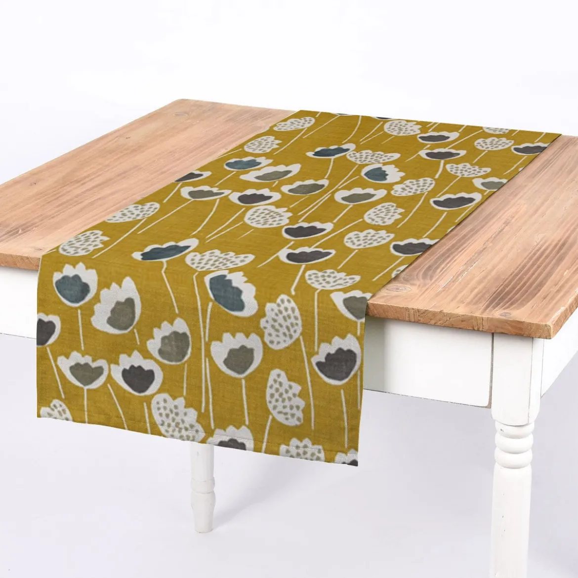 Panama Dekostoff Baumwollstoff Clara Saffron Blumen senfgelb ocker blau grau 140cm Breite