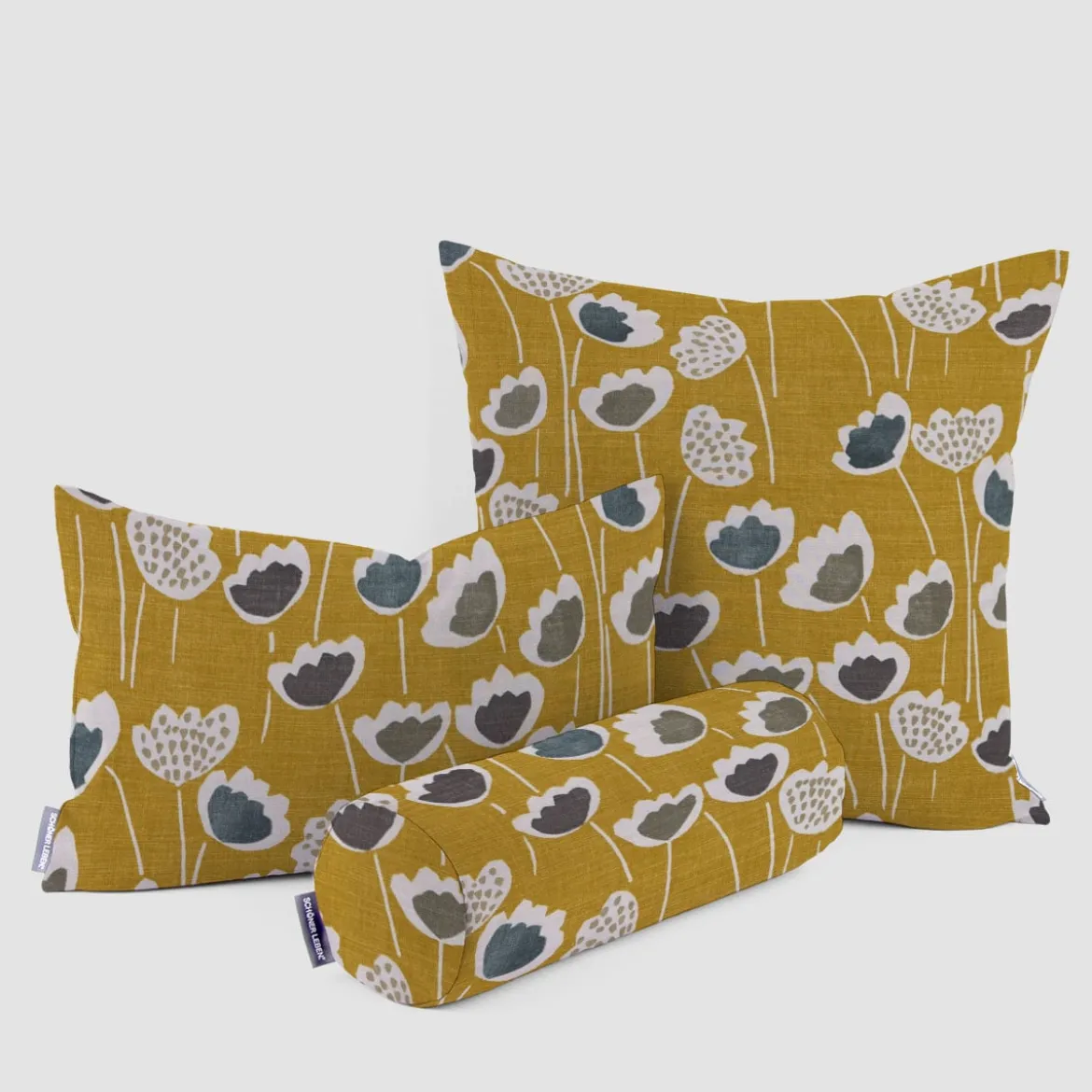 Panama Dekostoff Baumwollstoff Clara Saffron Blumen senfgelb ocker blau grau 140cm Breite