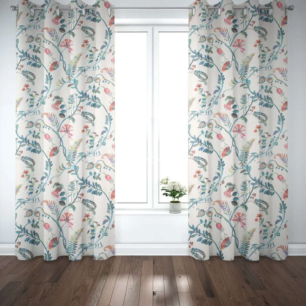 Panama Dekostoff Baumwollstoff Tropicana Coral Reef Blumenranken ecru blau bunt 140cm Breite