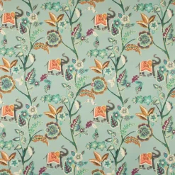 Panama Dekostoff Baumwollstoff GUJARAT Blumenranken Elefant mint grün bunt 140cm Breite
