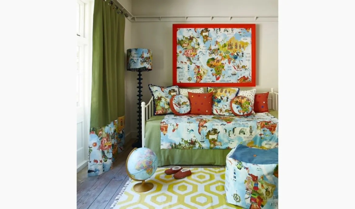 Panama Kinder-Dekostoff Baumwollstoff Adventure Rainbow Weltkarte bunt 140cm Breite