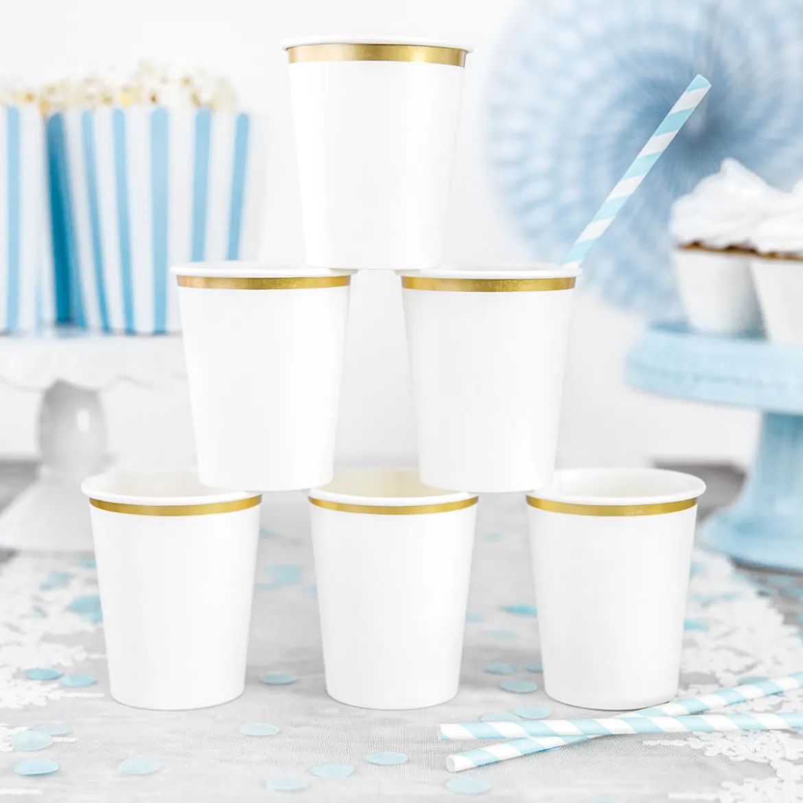 Pappbecher einfarbig weiß mit goldfarbiger Bordüre 6 Stück 260ml