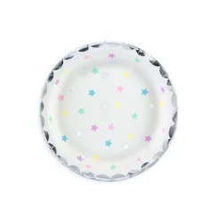 Partyteller Einmalteller Einhorn Sterne mit silberfarbigem Rand Pappe 6 Stück 18cm