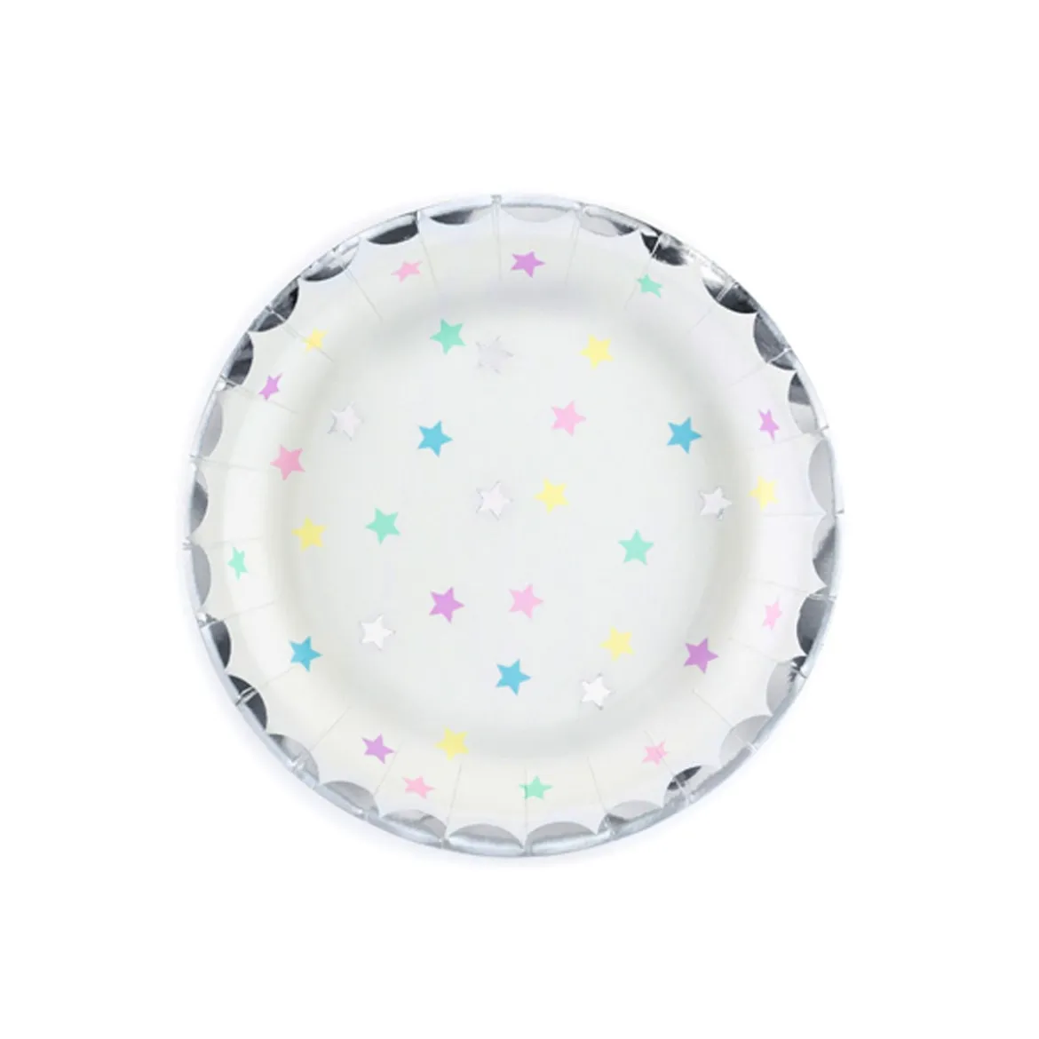 Partyteller Einmalteller Einhorn Sterne mit silberfarbigem Rand Pappe 6 Stück 18cm