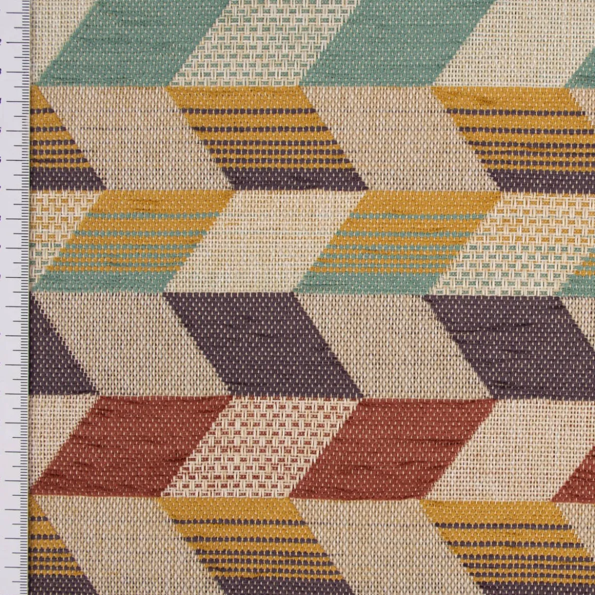 Polsterstoff Dekostoff Jacquard Flachgewebe Mira Rechtecke schräg beige lila mint gelb rot 1,40m Breite