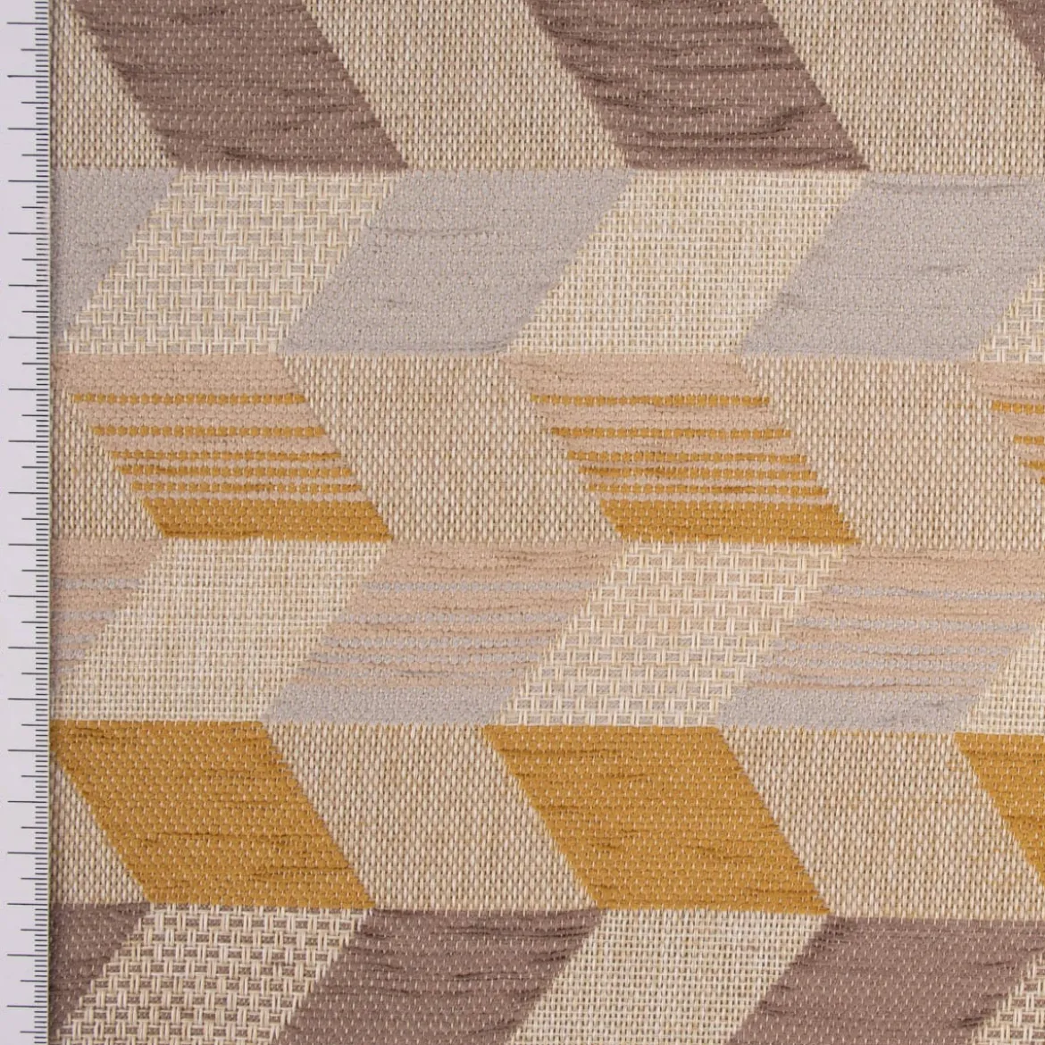 Polsterstoff Dekostoff Jacquard Flachgewebe Mira Rechtecke schräg beige gelb braun 1,40m Breite