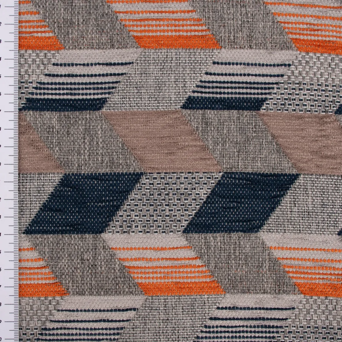 Polsterstoff Dekostoff Jacquard Flachgewebe Mira Rechtecke schräg grau orange blau 1,40m Breite