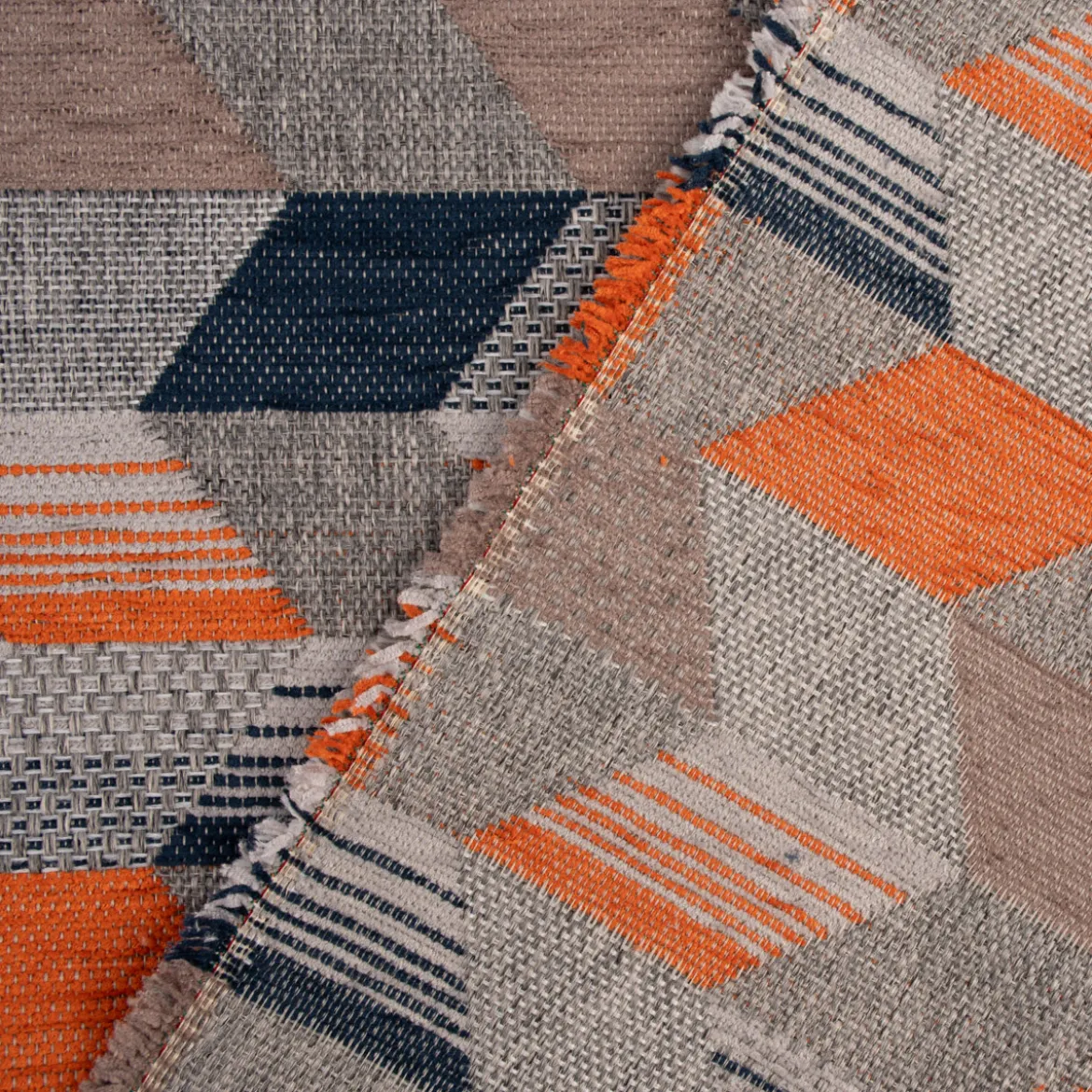 Polsterstoff Dekostoff Jacquard Flachgewebe Mira Rechtecke schräg grau orange blau 1,40m Breite