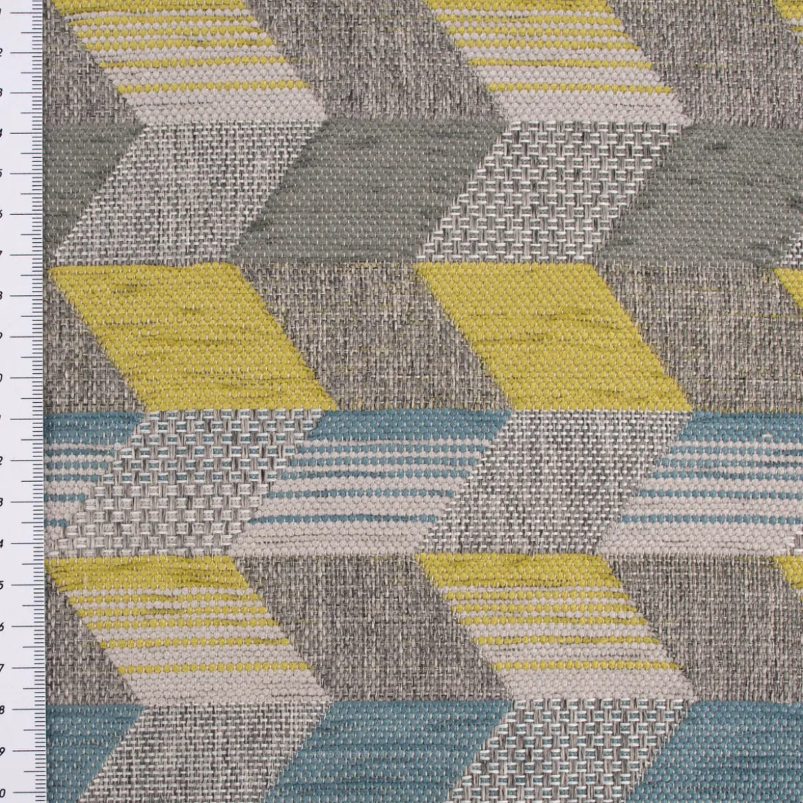 Polsterstoff Dekostoff Jacquard Flachgewebe Mira Rechtecke schräg grau blau grün 1,40m Breite