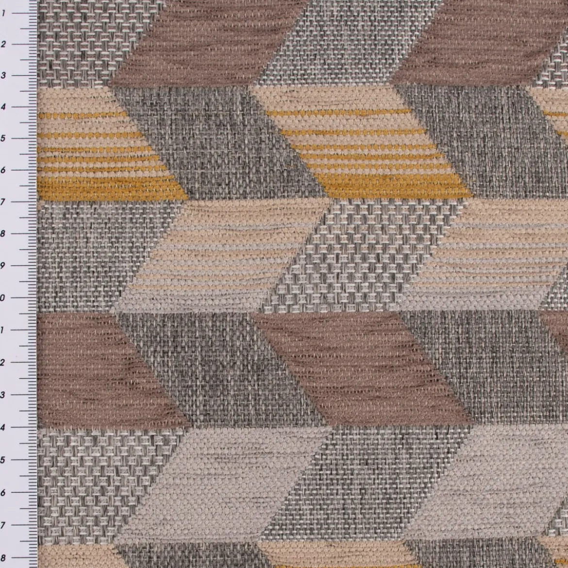 Polsterstoff Dekostoff Jacquard Flachgewebe Mira Rechtecke schräg grau gelb beige 1,40m Breite