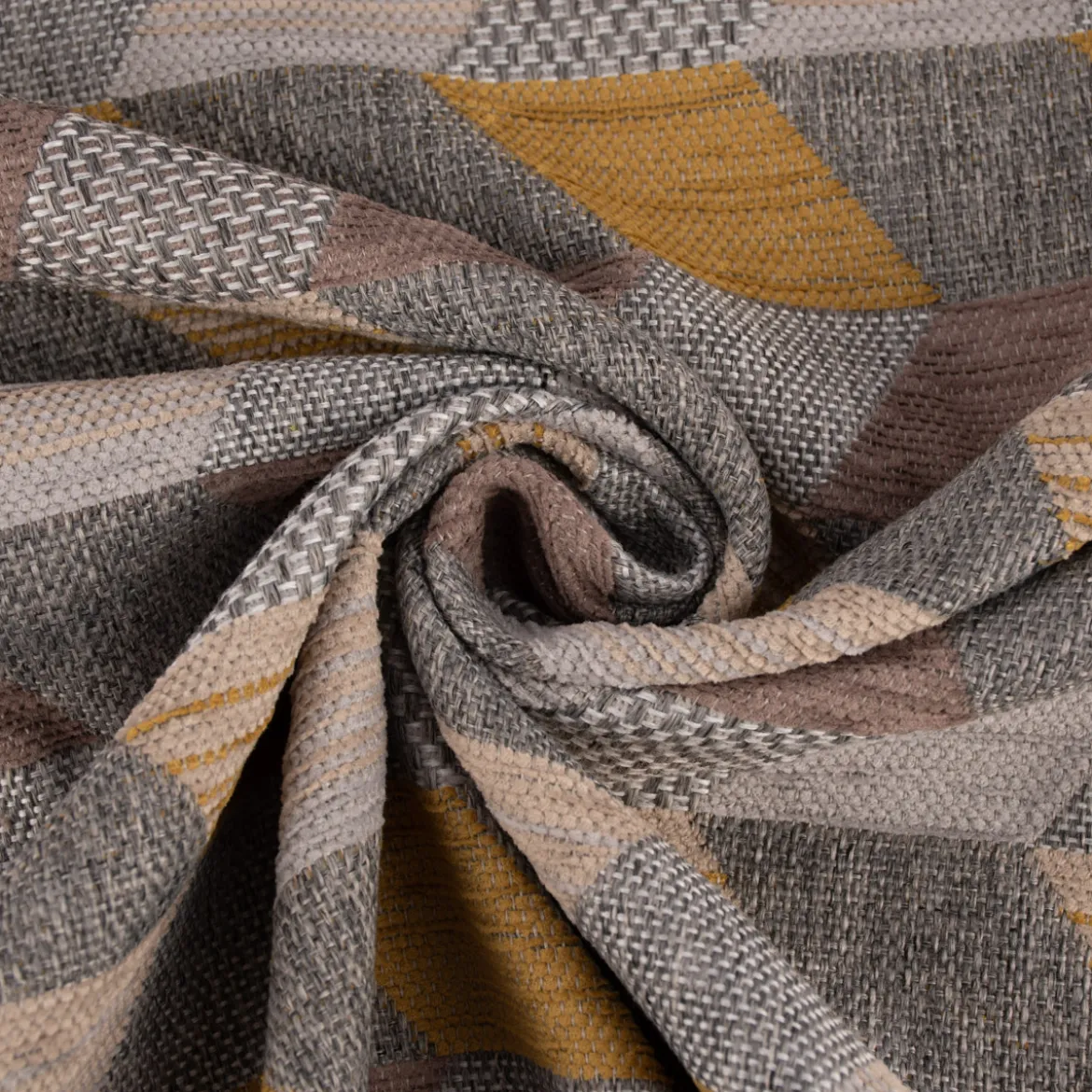 Polsterstoff Dekostoff Jacquard Flachgewebe Mira Rechtecke schräg grau gelb beige 1,40m Breite