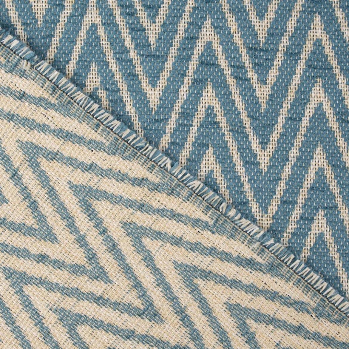 Polsterstoff Dekostoff Jacquard Flachgewebe Mira Chevron blau beige 1,40m Breite
