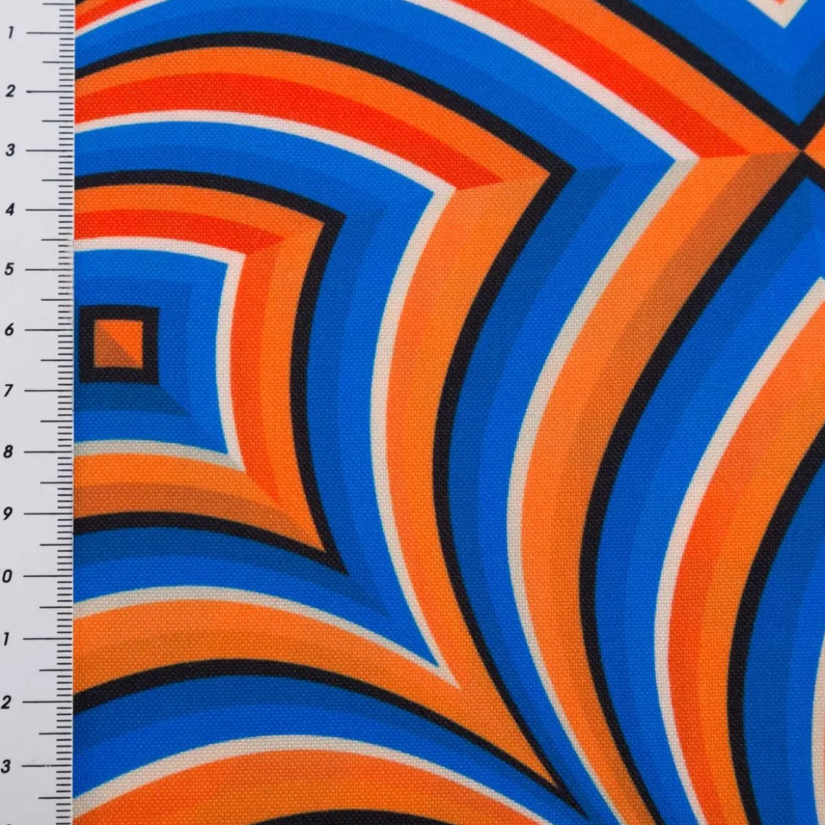 Polyesterstoff Webware Digitaldruck Retro Geometrie blau orange 1,48m Breite