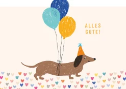 Postkarte Alles Gute mit Dackel und Luftballons 105x148mm von Grafik Werkstatt