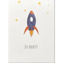 Postkarte aus Pappe Du rockst Rakete weiß blau A6 von KEITCARDS