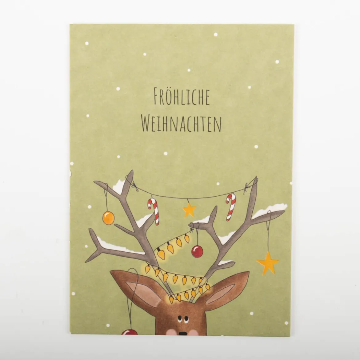 Postkarte aus Pappe Fröhliche Weihnachten Hirsch hellgrün A6 von KEITCARDS