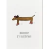 Postkarte aus Pappe Rollschuhdackel your Birthday weiß braun A6 von KEITCARDS