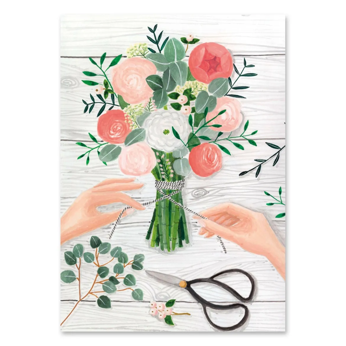 Postkarte Blumenstrauß Schere Papier hellgrau grün rosa 10,5x14,5cm